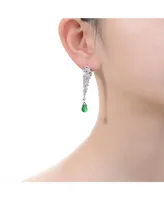 Genevive Sterling Silver White Gold Plated with Emerald and Clear Cubic Zirconia Fauna Drop Earrings