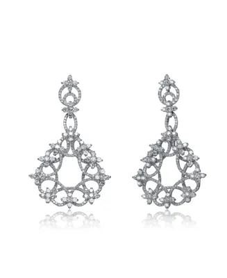 Genevive Cubic Zirconia Sterling Silver White Gold Plated Round Swirl Design Lace Earrings