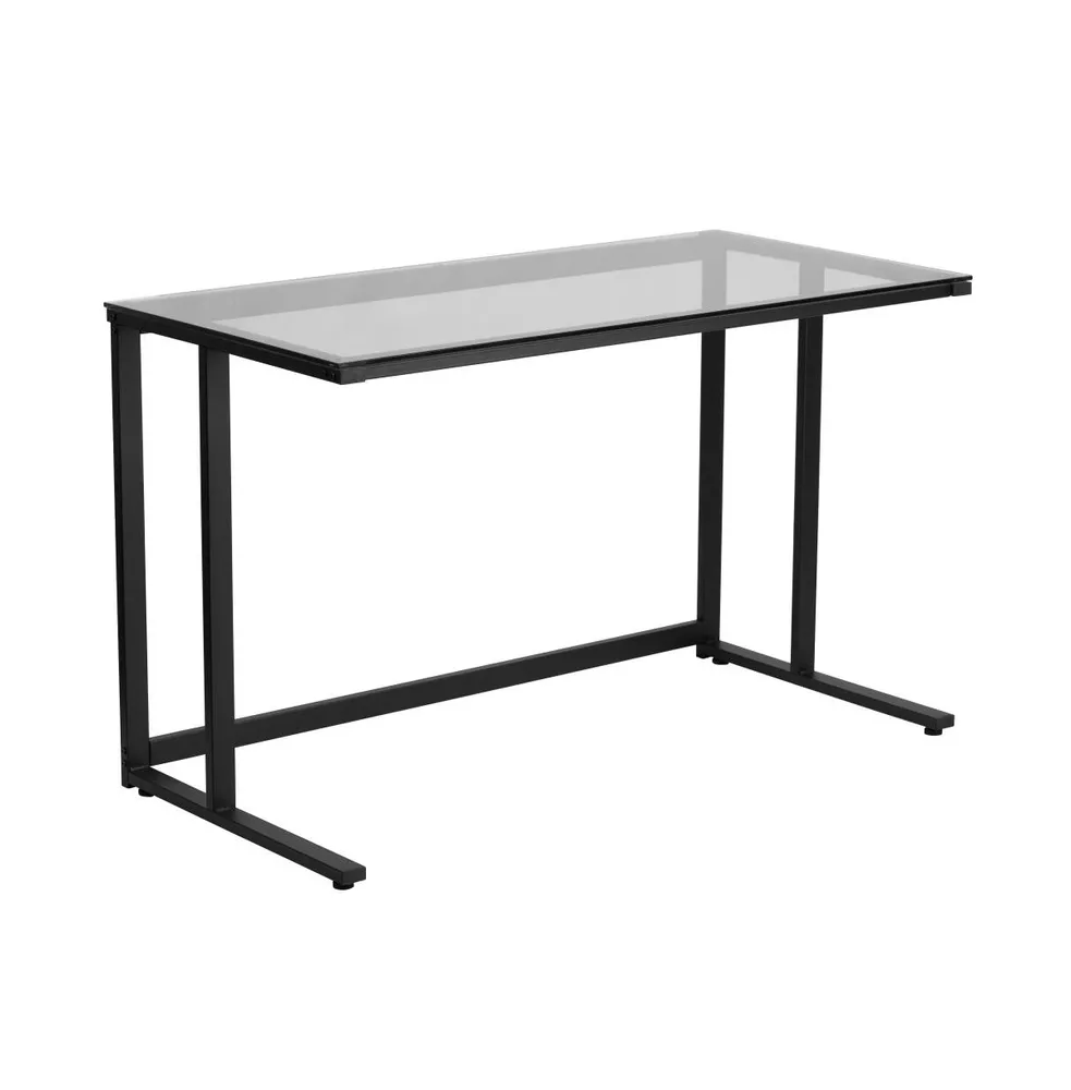 Emma+Oliver Glass Top Desk With Pedestal Metal Frame - Home Office Furniture