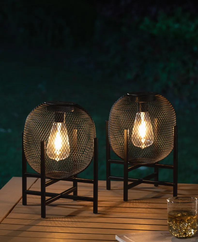 Glitzhome 11.5" H Metal Mesh Solar Powered Outdoor Lantern with Stand, Set of 2