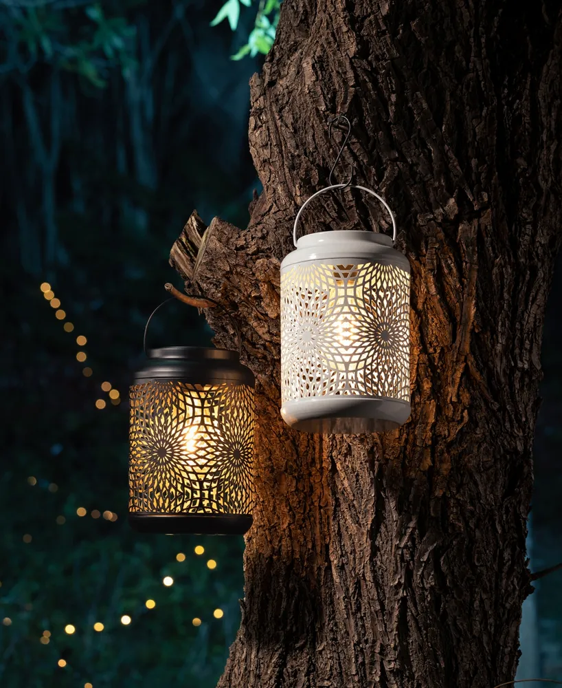 Glitzhome 8.75" H Metal Cutout Solar Powered Outdoor Hanging Lantern with Edison Bulb