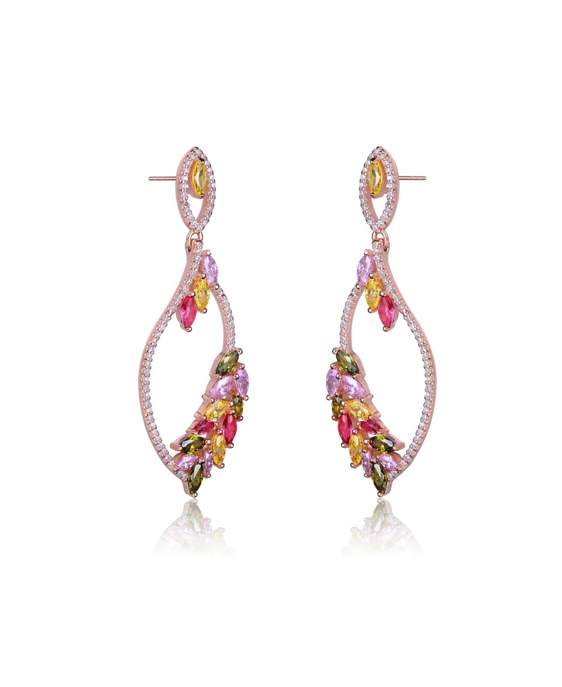 Genevive Rose Gold Plated Leaf Shaped Multicolor Cubic Zirconia Accent Dangle Earrings