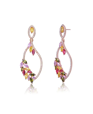 Genevive Rose Gold Plated Leaf Shaped Multicolor Cubic Zirconia Accent Dangle Earrings