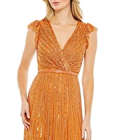 Women's Sequined Wrap Over Cap Sleeve Ruffle Hem Dress