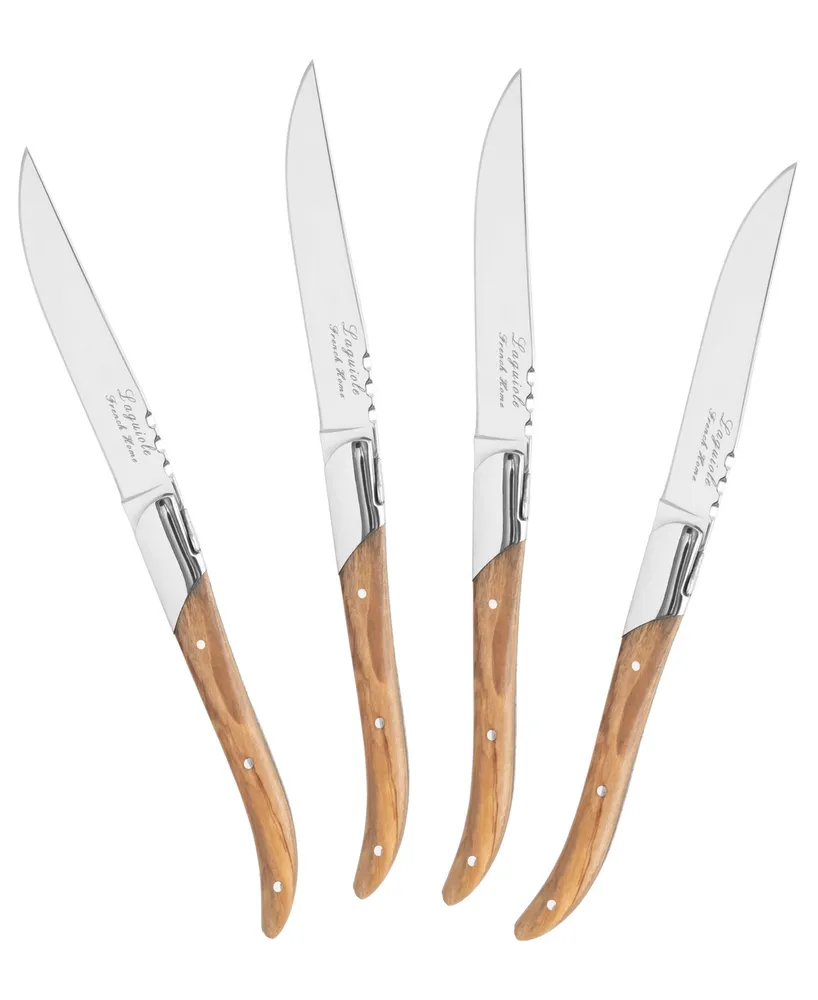 French Home Stainless-Steel Laguiole Set of 4 Connoisseur Steak Knives with Olive Wood Handles