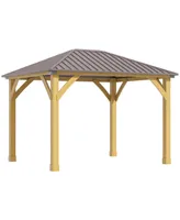 Outsunny 10x12 Galvanized Steel Gazebo with Wooden Frame, Permanent Metal Roof Gazebo Canopy for Garden, Patio, Backyard, Brown