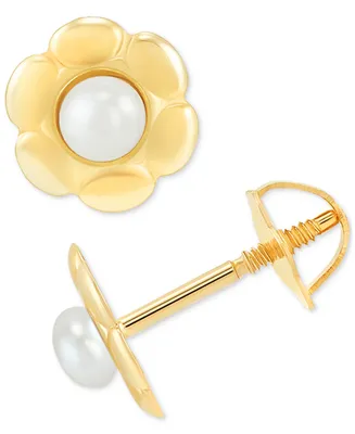 Children's Cultured Freshwater Button Pearl (2mm) Flower Stud Earrings in 14k Gold