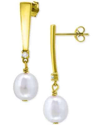 Giani Bernini Cultured Freshwater Oval Pearl (10 x 8mm) & Cubic Zirconia Drop Earrings, Created for Macy's