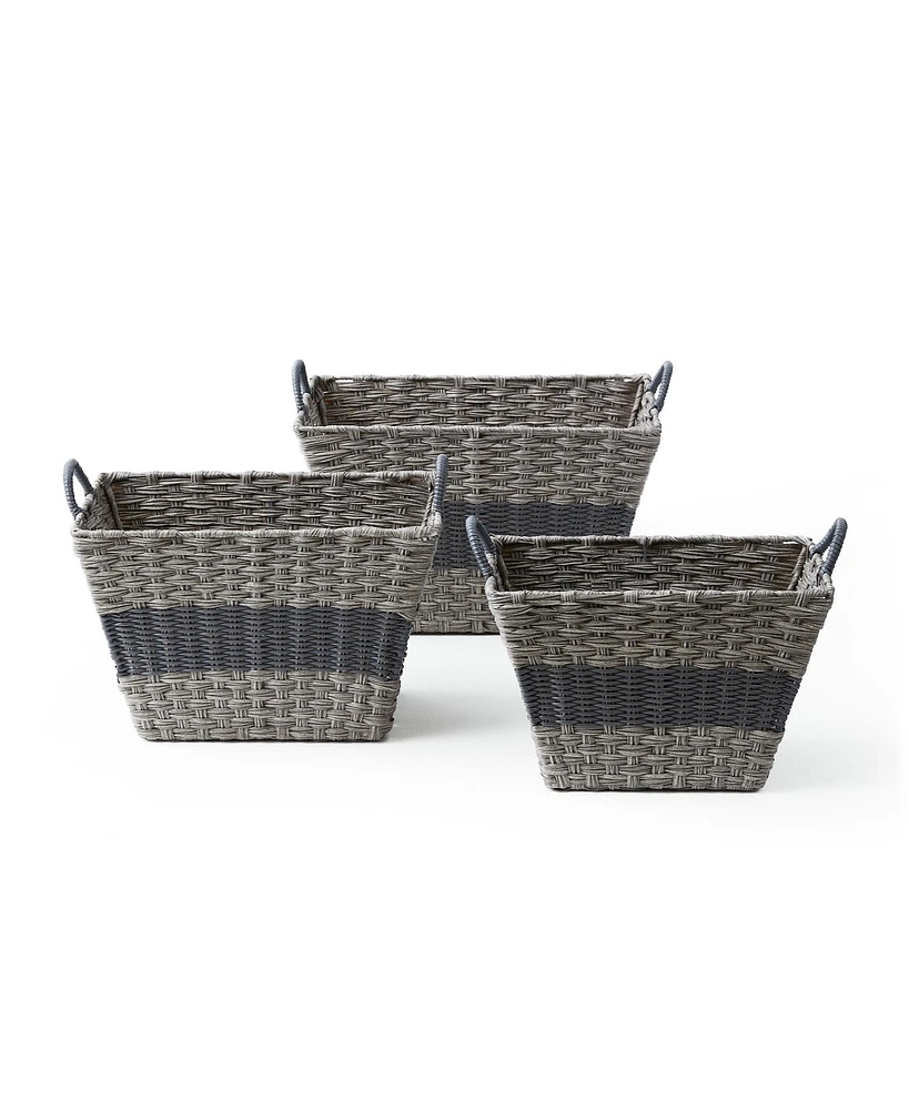 Baum 3 Piece Rectangular Faux Wicker Storage Bin Set in Combo Weave with Cut Out Handles