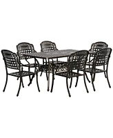 Outsunny 7-Piece Patio Dining Set, Cast Aluminum Outdoor Furniture Set with 6 Armchairs, 1 Table and Umbrella Hole, Bronze