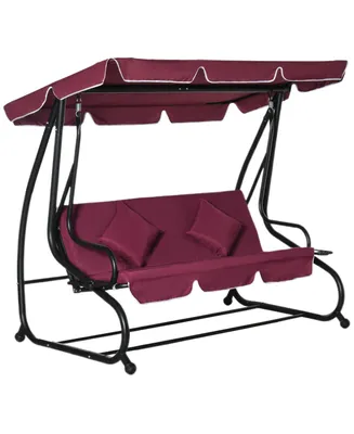 Outsunny 3 Seat Outdoor Free Standing Swing Bench Porch Swing with Stand, Comfortable Cushioned Fabric & Included Canopy, Red