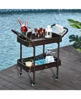 Outsunny Rattan Wicker Serving Cart with 2-Tier Open Shelf, Outdoor Wheeled Bar Cart with Brakes for Poolside, Garden, Patio