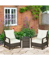 Outsunny 3 Pcs Rattan Wicker Bistro Set with Storage Table, Patio Furniture Set Outdoor Sofa Set with Washable Cushion, Conversation Set for Garden Ba