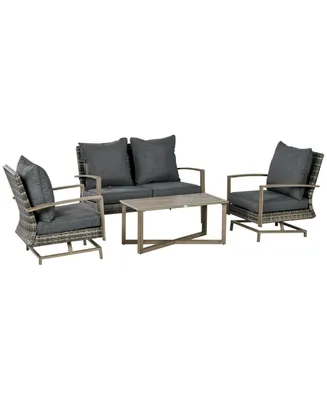 Outsunny Patio Furniture Set, 4 Piece Outdoor Rattan Conversation Set with 2 Armchairs, Cushions, Loveseat Sofa & Coffee Table for Porch, Poolside