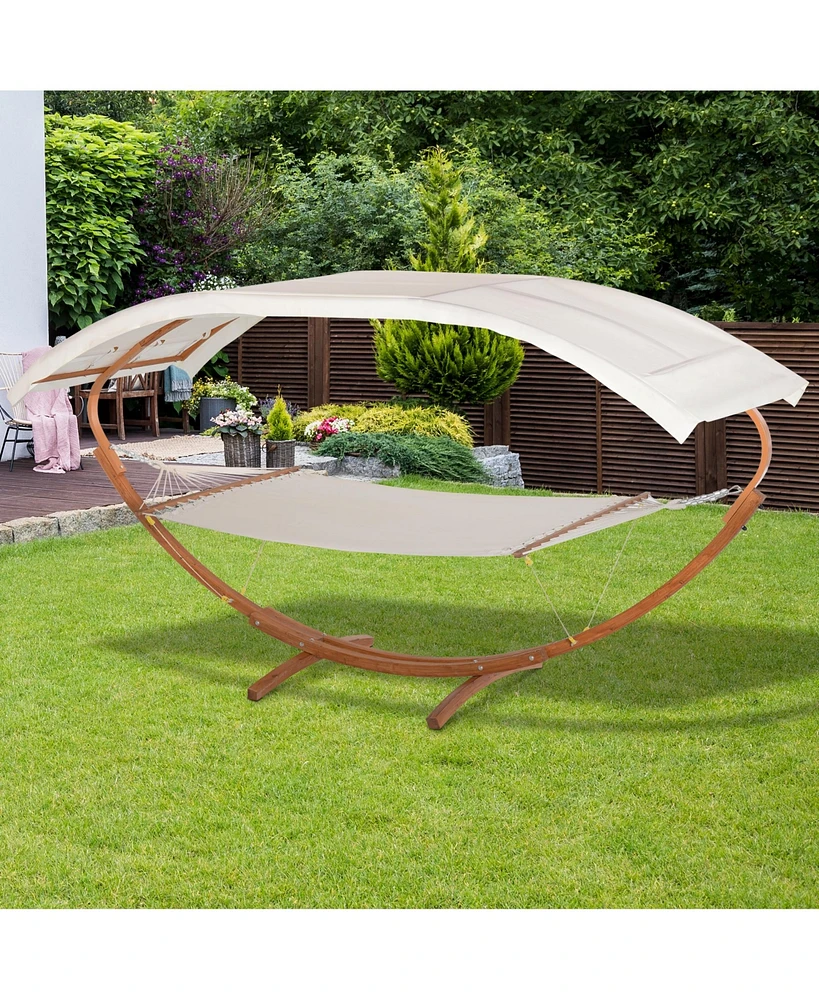 Outsunny 13' Wooden Arc Hammock with Canopy, Outdoor Hammock, Single Bed with Modern Curved Stand for Patio Backyard, Comfortable Polyester Fabric and