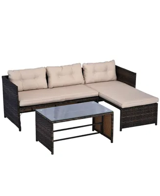 Outsunny 3 Piece Patio Furniture Set, Rattan Outdoor Sofa Set with Chaise Lounge & Loveseat, Soft Cushions, Tempered Glass Table, L