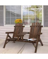 Outsunny Wooden Adirondack Chairs, Outdoor Double Seat Bench with Center Table for Patio, Backyard, Deck, Fire Pit, Carbonized