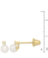 Children's Cultured Freshwater Pearl (4mm) & Diamond Accent Stud Earrings in 14k Gold