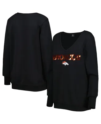 Women's Cuce Black Denver Broncos Sequin Logo V-Neck Pullover Sweatshirt
