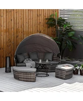 Outsunny 4pc Rattan Patio Furniture Set, Round Convertible Daybed or Sunbed, Adjustable Sun Canopy, Sectional Outdoor Sofa, 2 Chairs