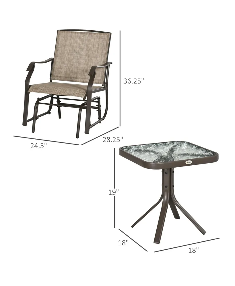 Outsunny 3 Piece Outdoor Glider Chair with Coffee Table Bistro Set, 2 Patio Rocking Swing Chairs with Breathable Sling Fabric, Glass Tabletop