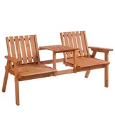 Outsunny Wooden Garden Bench with Umbrella Hole & Middle Table, Outdoor Loveseat with Weather