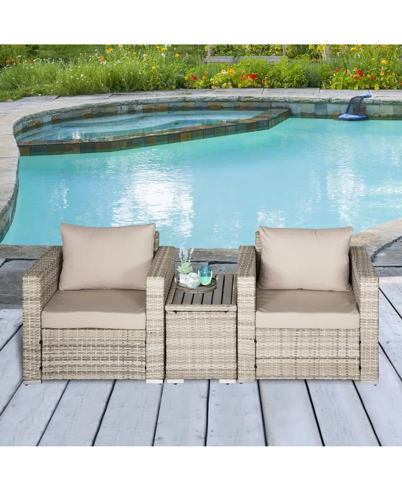 Outsunny 3-Piece Pe Rattan Wicker Sofa Sets Outdoor Armchair Sofa Furniture Set w/ Plastic Wood Grain Side Table and Washable Cushions, Grey