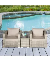 Outsunny 3-Piece Pe Rattan Wicker Sofa Sets Outdoor Armchair Sofa Furniture Set w/ Plastic Wood Grain Side Table and Washable Cushions, Grey