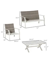 Outsunny Outdoor 4pcs Patio Furniture Set, 2 Plastic Rattan Chairs, 1 Pe Wicker Loveseat Sofa, 1 Center Coffee Table, Soft Cushions for Backyard, Gard