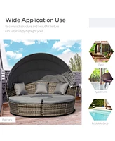 Outsunny 4pc Rattan Patio Furniture Set, Round Convertible Daybed or Sunbed, Adjustable Sun Canopy, Sectional Outdoor Sofa, 2 Chairs, Table, 3 Pillows