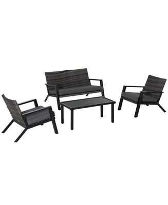Outsunny 4pcs Outdoor Patio Furniture Set, 2 Plastic Rattan Chairs, 1 Pe Wicker Loveseat Sofa, 1 Center Coffee Table, Soft Cushions for Backyard