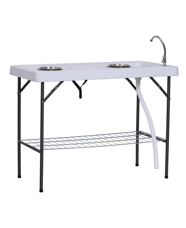 Outsunny 4ft Folding Picnic Table Fish Cleaning Table Camping Party Desk with Sink White