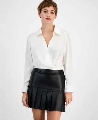 Bar Iii Women's Collared Surplice-Neck Cropped Shirt, Created for Macy's