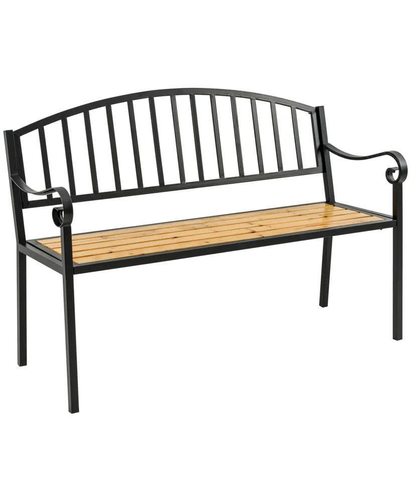 Outsunny 50" Garden Bench, Patio Loveseat with Antique Backrest, Wood Seat and Steel Frame for Backyard or Porch