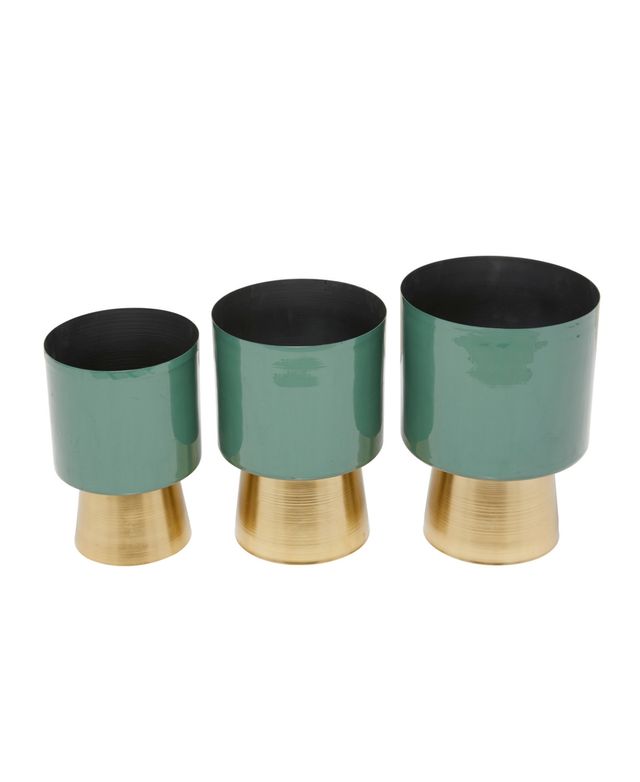 Green Metal Planter with Gold-Tone Base Set of 3