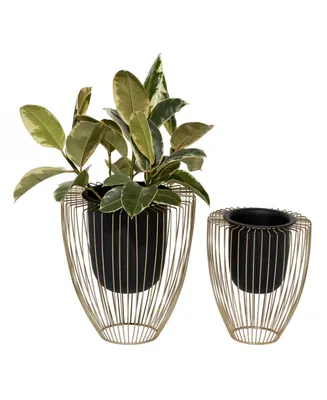 Black Metal Indoor Outdoor Planter with Removable Gold-Tone Wire Stand Set of 2