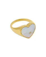Adornia 14K Gold Plated Heart White Imitation Mother of Pearl Signet Ring
