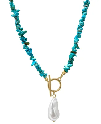 Adornia 17" Multi Shape Faux Turquoise Stone Toggle 14K Gold Plated Necklace with Imitation Pearl Pendant