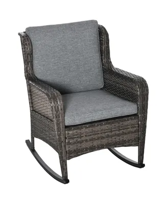 Outsunny Outdoor Wicker Rocking Chair w/Wide Seat, Thickened Cushion, Rattan Rocker with Steel Frame, High Weight Capacity for Patio, Garden