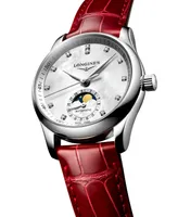 Longines Women's Swiss Automatic Master Diamond (1/20 ct. t.w.) Red Leather Strap Watch 34mm