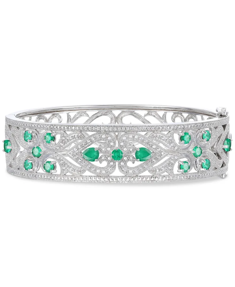 Emerald(2-1/2 c.t. t.w.) & Diamond(1/3 c.t. t.w.) Bangle Bracelet in Sterling Silver