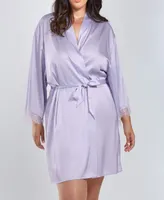 iCollection Plus Kate Satin Robe with Eyelash Lace Trim - Light