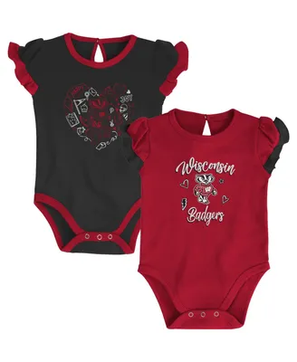 Girls Newborn and Infant Red, Black Wisconsin Badgers Too Much Love Two-Piece Bodysuit Set
