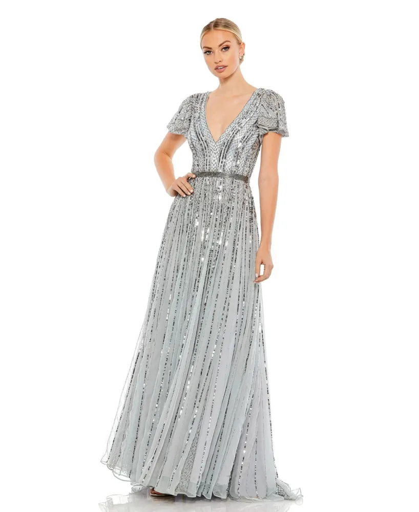 Women's Flutter Sleeve Embellished Plunge Neck A Line Gown