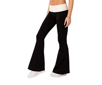 Women's Contrast Fold Over Flared Leggings - Black-and