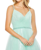 Women's V Neck Mesh Back Detail Ball Gown