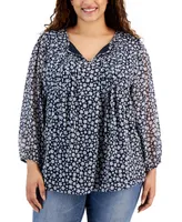 Tommy Hilfiger Plus Size Printed Pintuck Tie-Neck Blouse