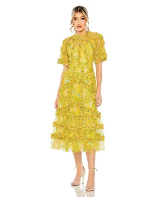 Women's Floral Flutter Sleeve Mesh Print Dress