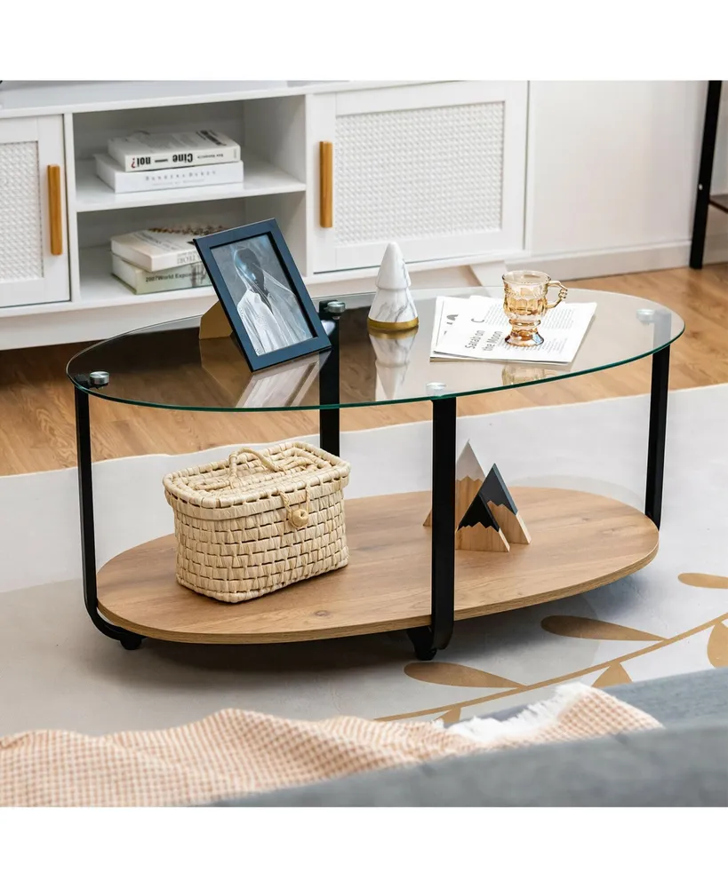 Glass-Top Coffee Table 2-Tier Modern Oval Side Sofa Table w/ Storage Shelf