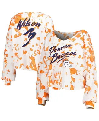Women's Majestic Threads Russell Wilson White, Orange Denver Broncos Off-Shoulder Tie-Dye Name and Number Cropped Long Sleeve V-Neck T-shirt